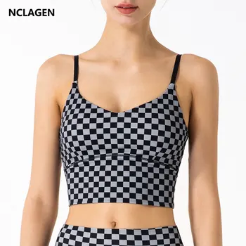 Sportski grudnjaci NCLAGEN, ženski sportski prsluk velike veličine, donje rublje za fitness s šahovske rešetaka, Elastične podesive trake, skraćeno top