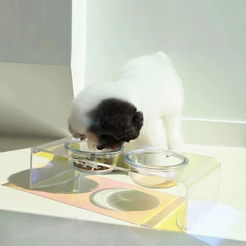 Dupli zdjela za kućne ljubimce plus podignuta zaštita vrat stol za kućne ljubimce laser boja akrilna zdjela za hranu za pse i mačke