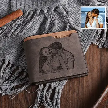 Personalizirane Foto-novčanik s nakitom ugraviran na red, Kožni Kauč torbicu za muškarce smeđe boje, dar za očev Dan