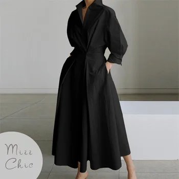 S-5XL Korejski Moderan haljina-košulja dugih rukava, Prekrasna haljina Maxi s odbačenost ovratnik i рюшами, Ženska Jesensko-zimska odjeća 2022 godine, vanjska odjeća