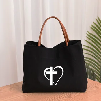 Холщовая vrećica s po cijeloj površini križa i srca, dar za kršćanske crkve, ženska plaža torba, torba za kupovinu, putnu torbu za kupovinu