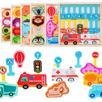 Dječja igračka-puzzle igra s 3D životinjama Montessori, prometni znak, Istražite, što je zagonetka pogodan za rano učenje, Drvene igračke za djecu