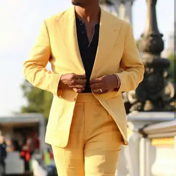 Žuti lana ljetne muške tuxedos, najbolja muška odijela, blazer, приталенное vjenčanicu mladoženja, kostimi za prom, 2 predmeta (jakna + hlače)