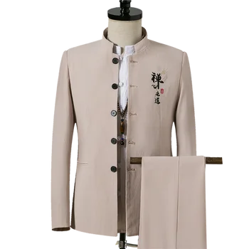Muško odijelo u tradicionalnom kineskom stilu sa стоячим ovratnik, kaput, jaknu dugih rukava, Hlače, Blazers za mladoženju, 2 kom, Uredski odjeća, Hlače