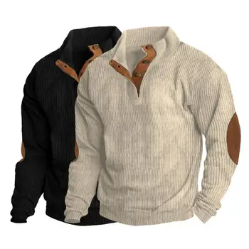 Muška majica, jesensko-zimski casual pulover, vrhovima, ovratnik postolje, gumbi, bar do pola, dugi rukav, boja majica u patchwork stilu